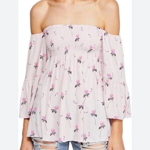 Free People Light Pink Off-Shoulder Floral Smocked Tunic